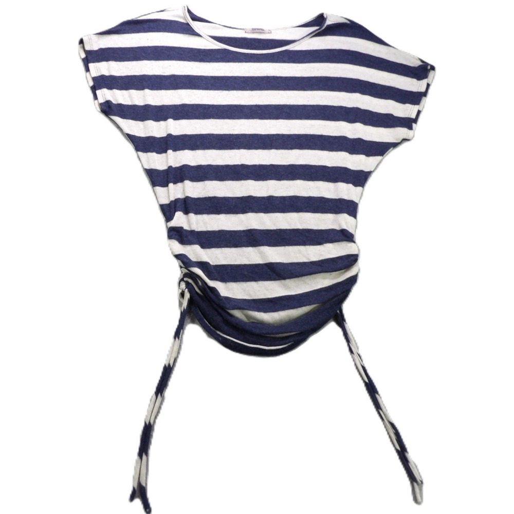 Timing Side Tie Ruched Cinch Striped Shirt Linen Blend Women Medium M Navy White
